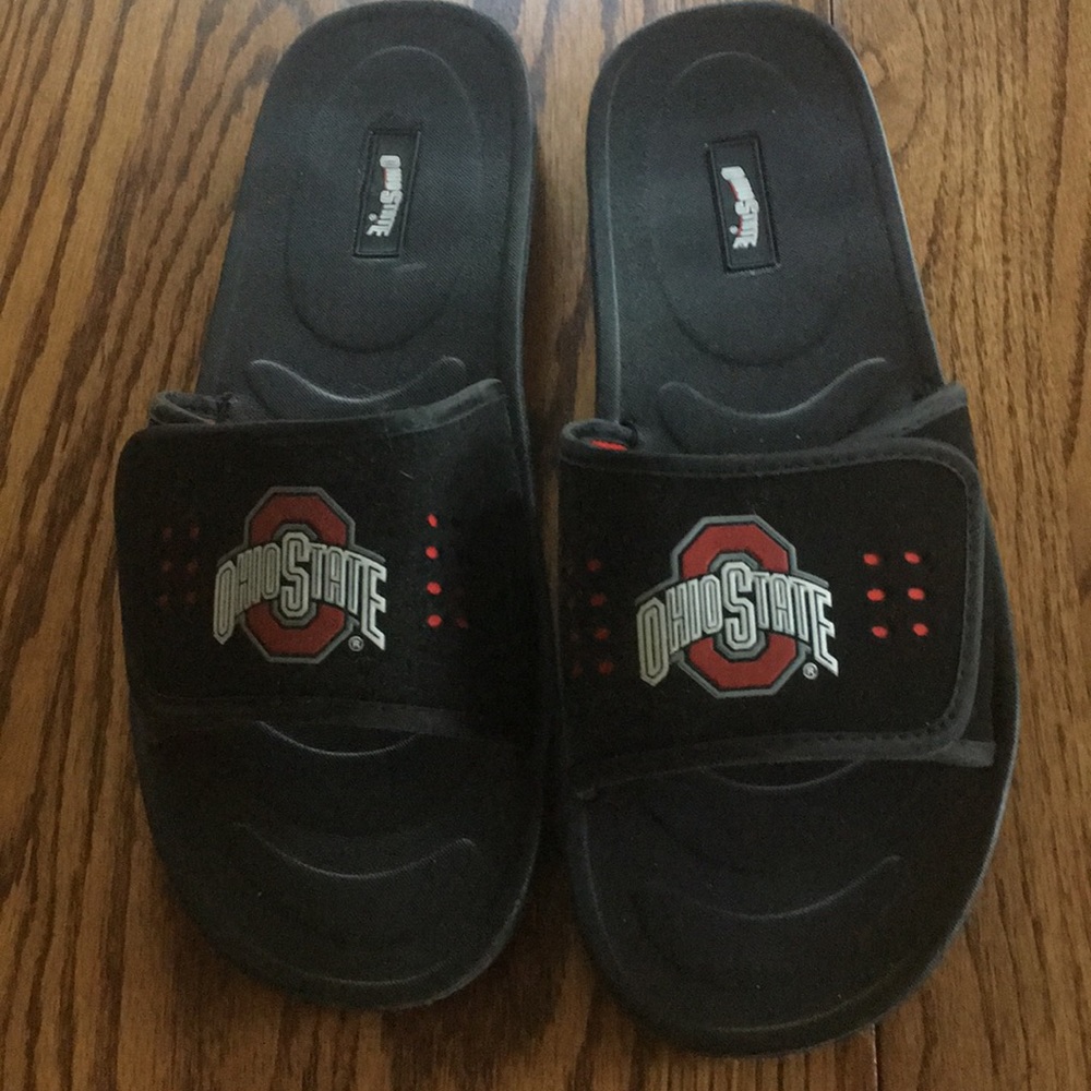 Ohio State slip on sandals.